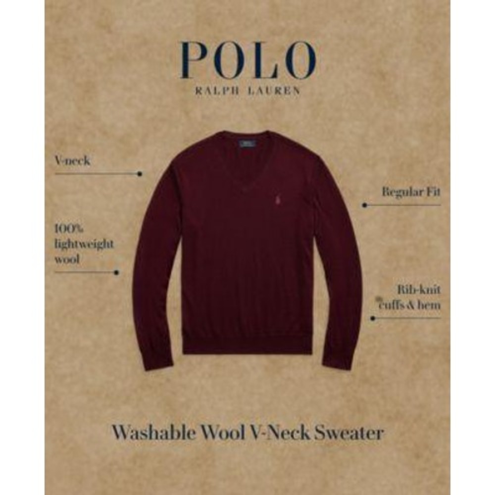 Polo Ralph Lauren Men's V Neck Burgundy 100% Washable Merino Wool Sweater SZ XL